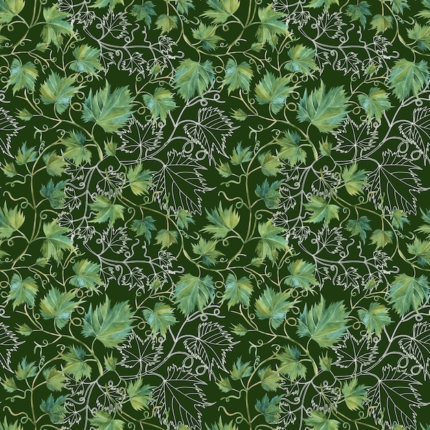 Фото Бесшовный рисунок виноградных листьев в стиле акварельной живописи иллюстрации темно-зеленый фон