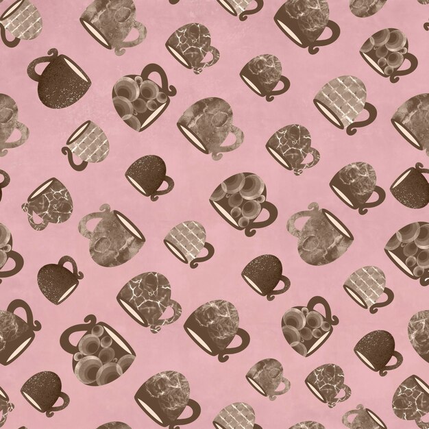 사진 분홍색 배경 handdrawn 그림에 머그잔과 컵의 완벽 한 패턴