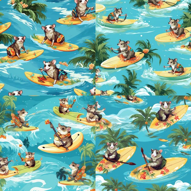 Фото Беспрепятственный рисунок опосумов, едущих на черепахах, похожих на доски для серфинга на фоне тропического моря