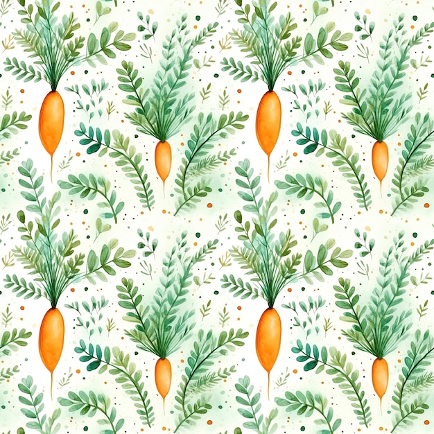 Фото Бесшовный узор из акварельной моркови и зелени на белом фоне