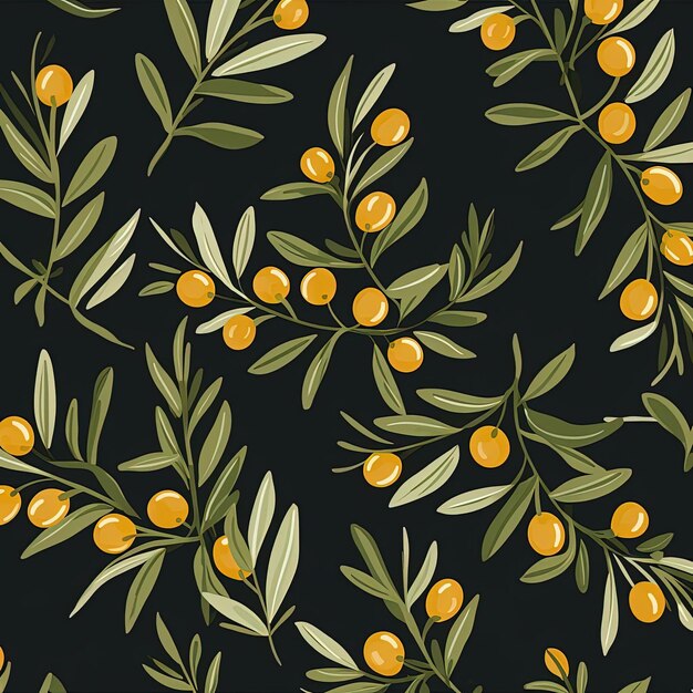 Photo seamless pattern of olives with branch and leaves in the style of gouache