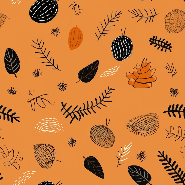 a seamless pattern in orange and beige with acorns leaves