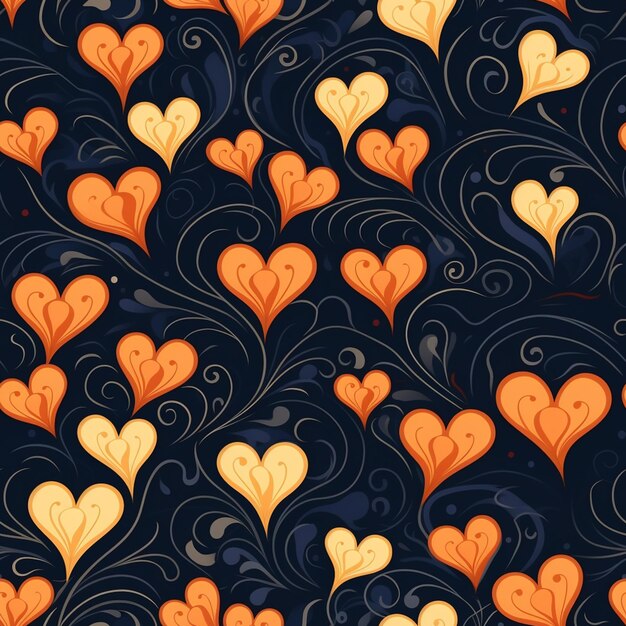 Seamless pattern of orange and black hearts on a dark background generative ai