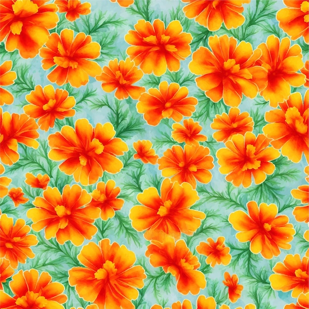 A seamless pattern of orange flowers with green leaves on a blue background