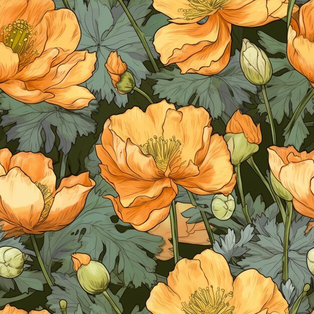 A seamless pattern of orange flowers with green leaves and buds.