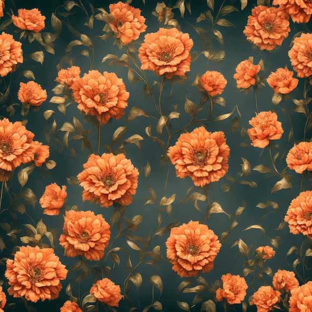 A seamless pattern of orange flowers with leaves on a dark blue background.