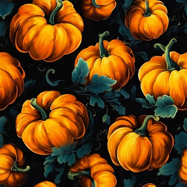 Seamless pattern of orange pumpkins on black background