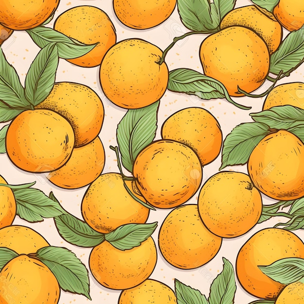 Seamless pattern of oranges with green leaves on a pink background.