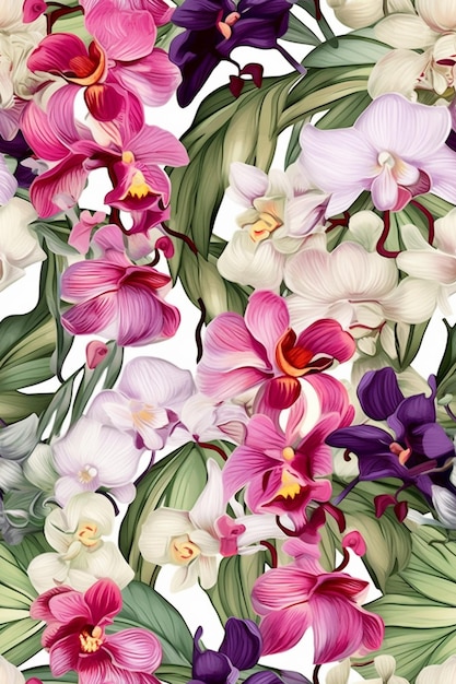 A seamless pattern of orchids with pink and purple flowers.