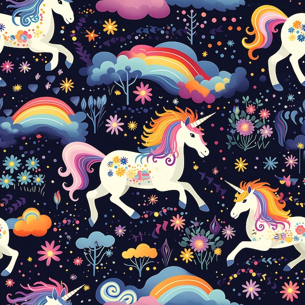 Seamless Pattern of a original striking dreamy graceful Magical Unicorn Wonderland with Rainbow