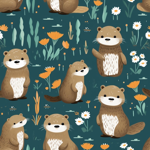 seamless pattern of otters in a field of flowers generative ai