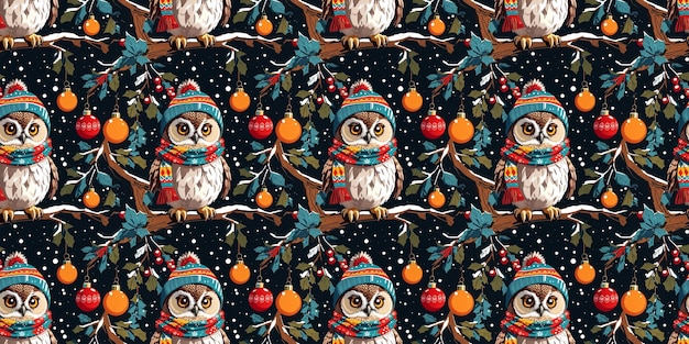Photo seamless pattern of an owl in knitted hat and scarf christmas decorations and treesgenerative ai