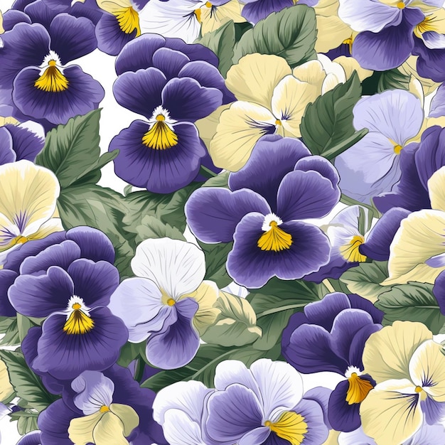 Seamless pattern of pansies on a white background.