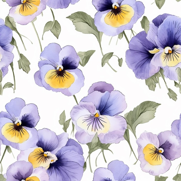 A seamless pattern of pansies with leaves on a white background.