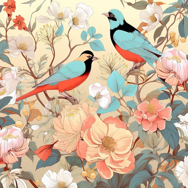 Seamless pattern Pastel flowers and birds Generative AI