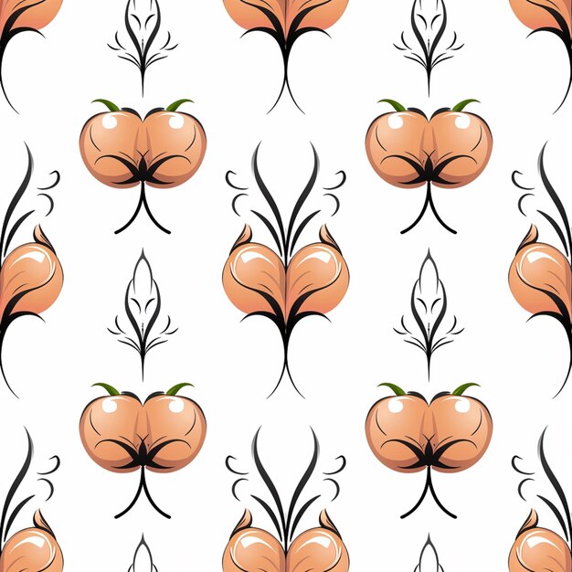 seamless pattern of peachs with leaves and swirls on a white background generative ai