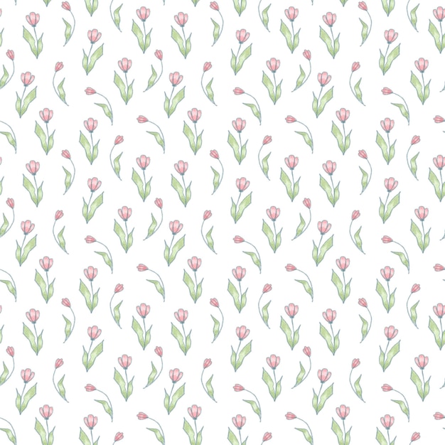 Seamless Pattern Pencil Drawing of Tulip Flowers on White Backdrop