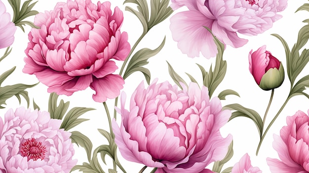 Seamless pattern of peony flower on white background peony flower texture background