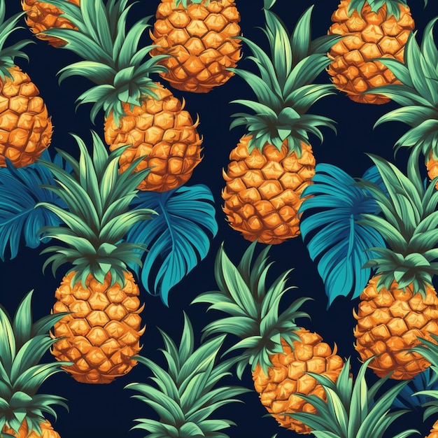 Seamless pattern of pineapples on a dark background.