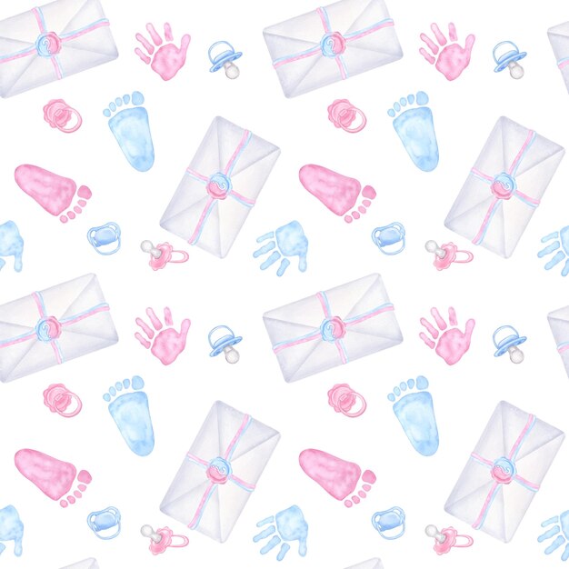 seamless pattern pink blue baby pacifier palm handprint footprint envelope boy or girl hand drawn watercolor illustration isolated on white background baby shower gender reveal party