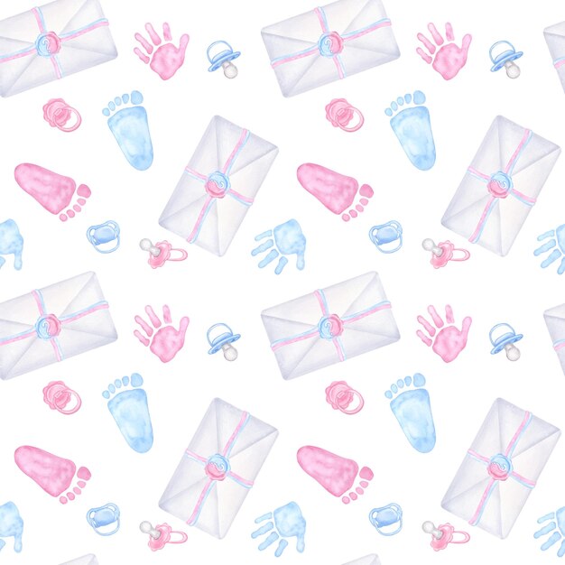 Photo seamless pattern pink blue baby pacifier palm handprint footprint envelope boy or girl hand drawn watercolor illustration isolated on white background baby shower gender reveal party