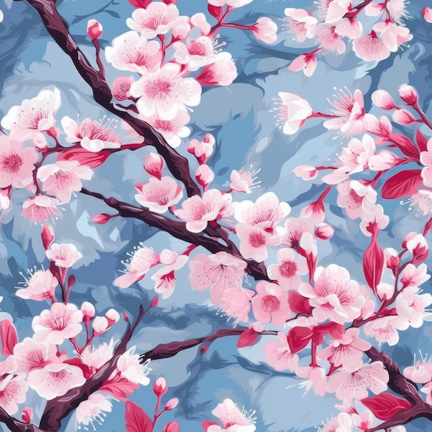 Seamless pattern of pink and blue cherry blossoms on a blue background.