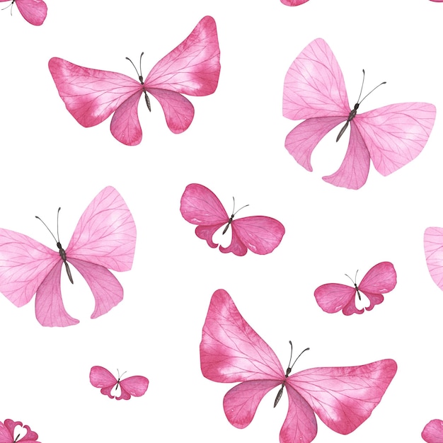 Photo seamless pattern pink butterfly with detailed wings isolated on white background watercolor hand drawn for design