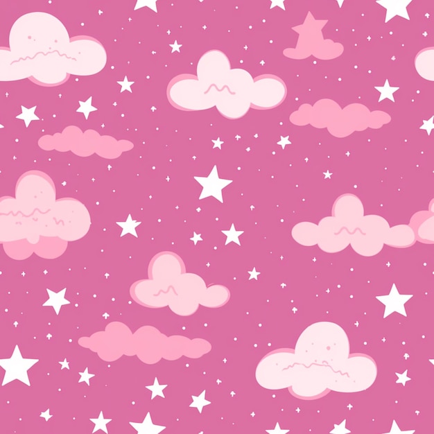 Seamless pattern of pink clouds and stars on a pink background generative ai