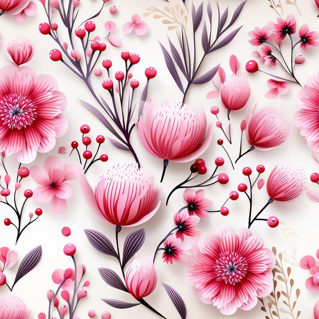 Seamless pattern of pink floral elements on white background for use in graphics Generative ai