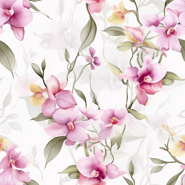 A seamless pattern of pink flowers on a white background.