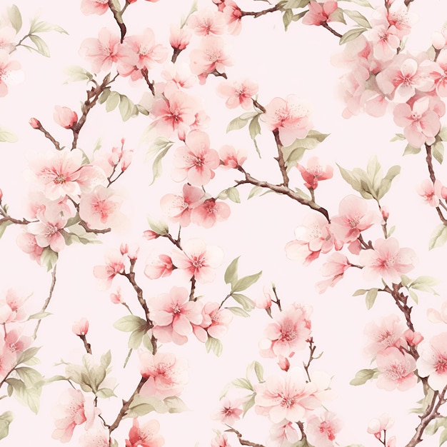A seamless pattern of pink flowers with green leaves on a light pink background.