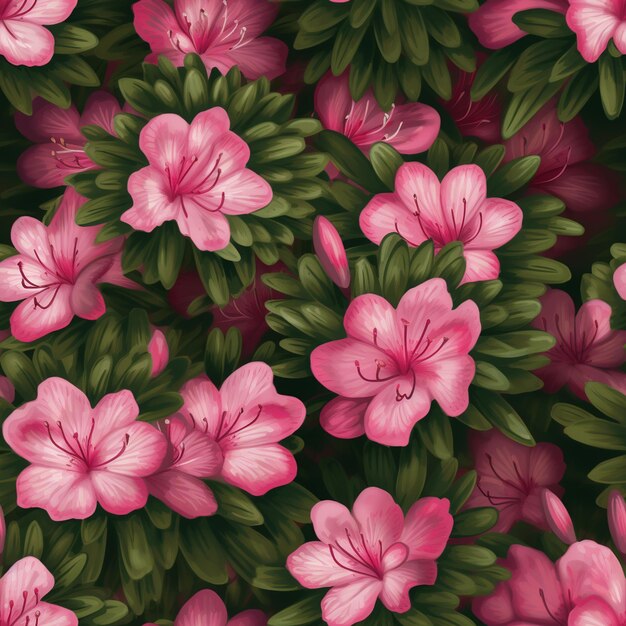 A seamless pattern of pink flowers with green leaves and the words hibiscus on the bottom.