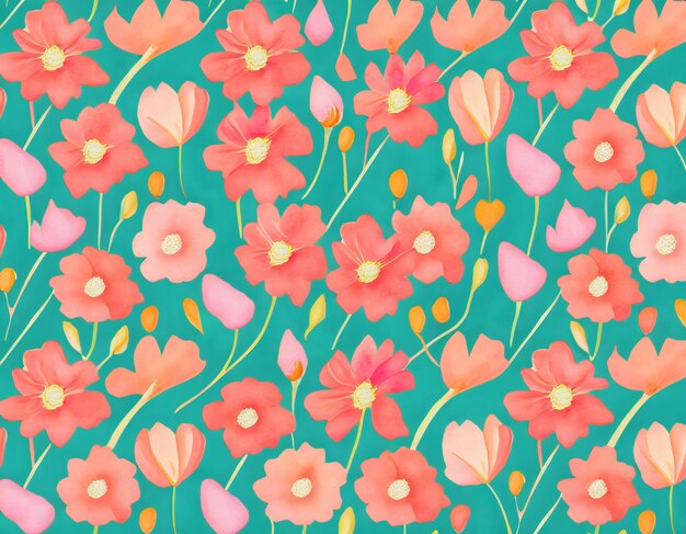 Photo a seamless pattern of pink and orange flowers on a turquoise background.