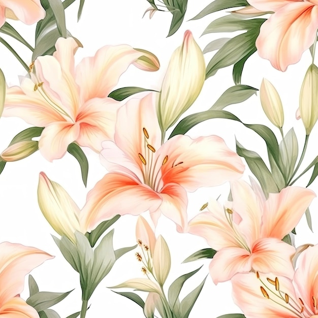 A seamless pattern of pink and orange lilies on a white background.