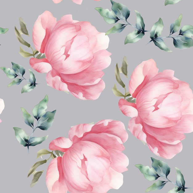 A seamless pattern of pink peonies with blue leaves on a gray background.