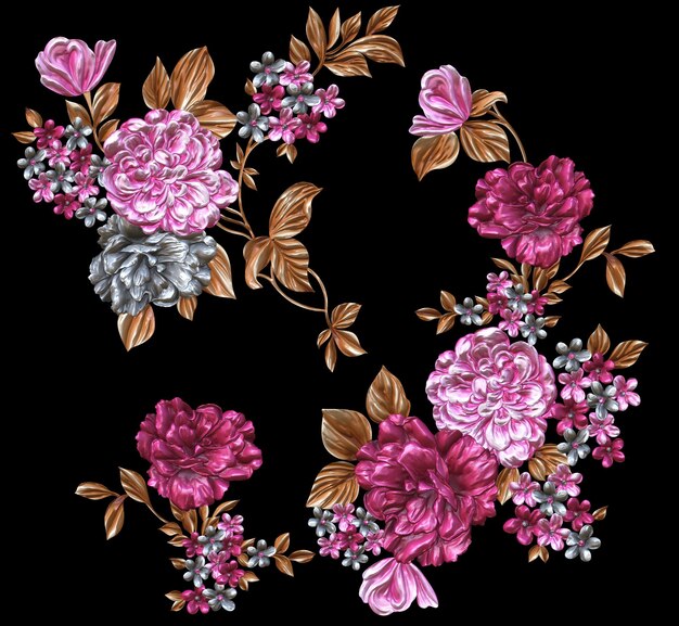 A seamless pattern of pink and purple peonies on a black background.