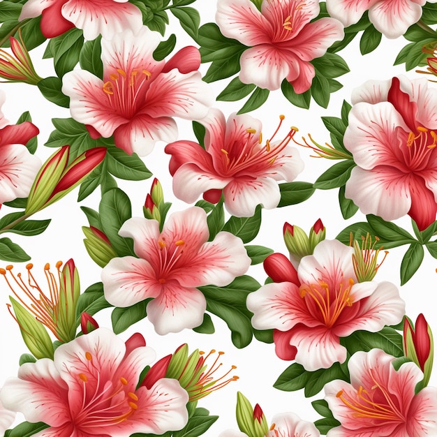 Seamless pattern of a pink and red flowers of rhododendron and rhododendrons with green leaves on a white background.