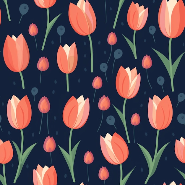 Seamless pattern of pink tulips on a dark blue background generative ai