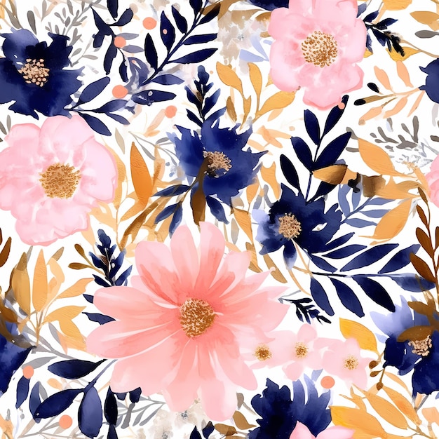 seamless pattern pink watercolor floral pink flower fabric in the style of light orange and navy playful use of texture