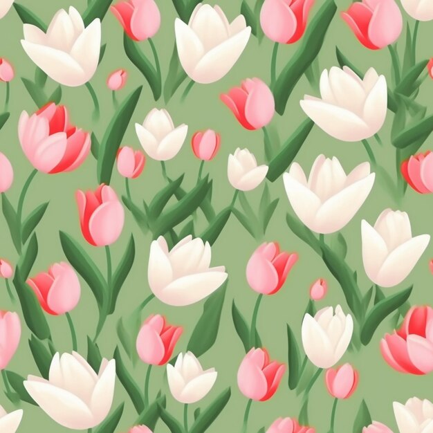 Seamless pattern of pink and white tulips on a green background generative ai