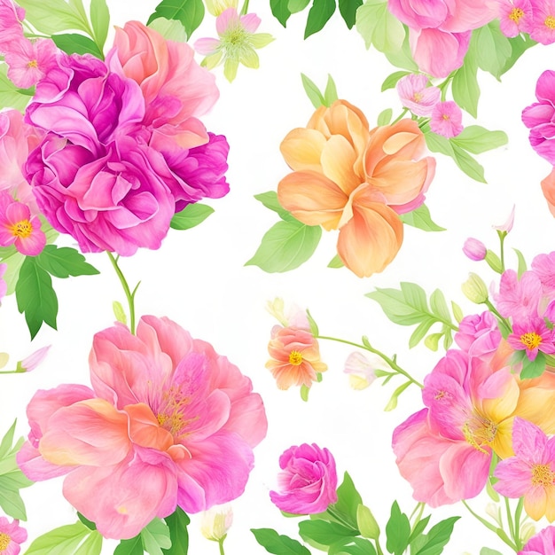 A seamless pattern of pink and yellow peonies with green leaves on a white background