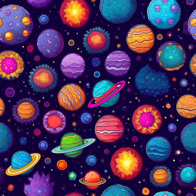 Seamless pattern of planets and stars on a dark background.