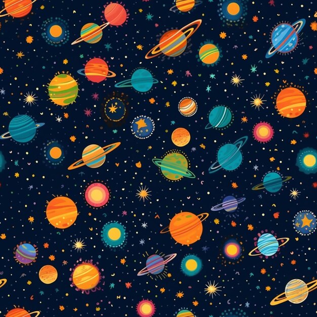 A seamless pattern of planets with stars and planets