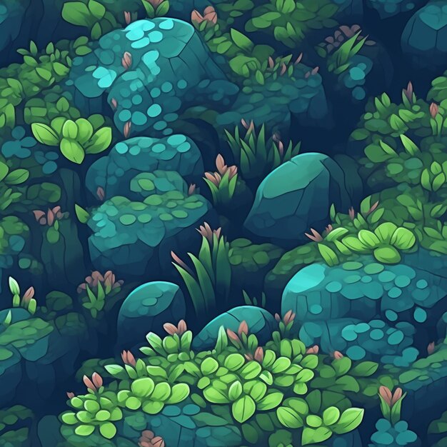 A seamless pattern of plants and rocks