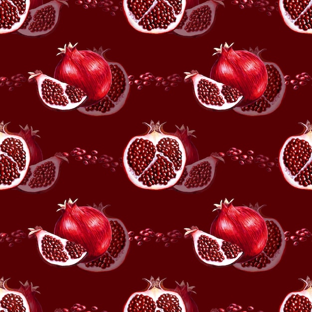 Photo seamless pattern of pomegranates with halves and seeds on burgundy hand drawn marker illustration