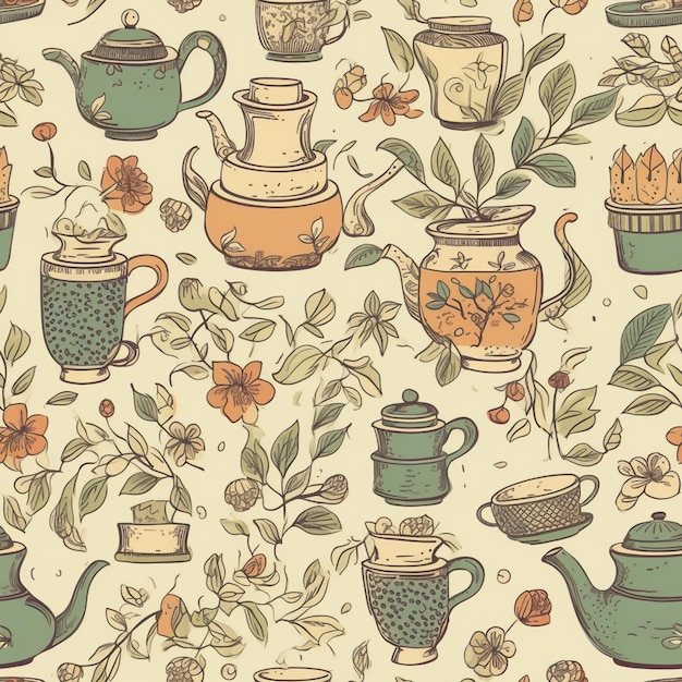 A seamless pattern of pots and teapots with leaves and flowers.