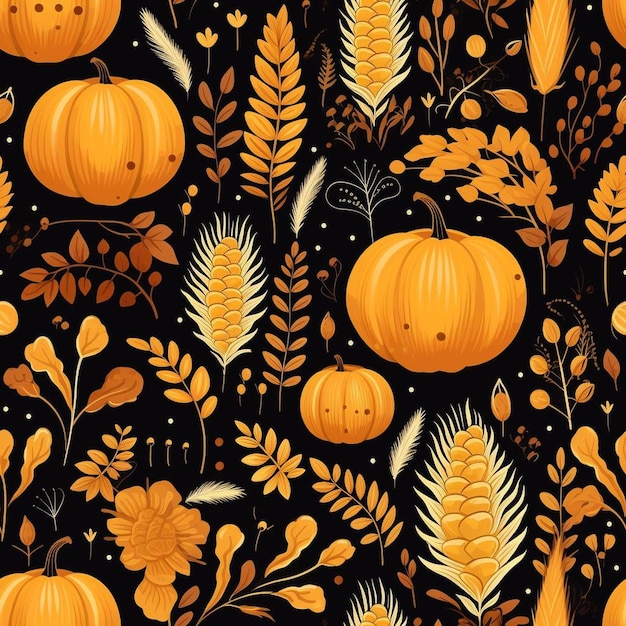 A seamless pattern of pumpkins and leaves.