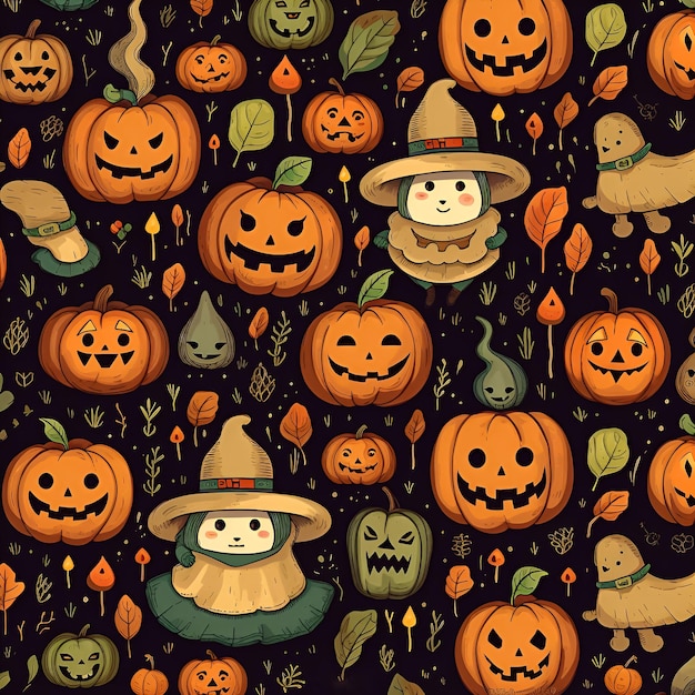 A seamless pattern of pumpkins with a cat on the top