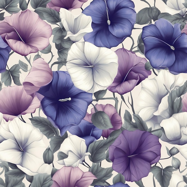 Seamless pattern of a purple and blue pansies on a white background.