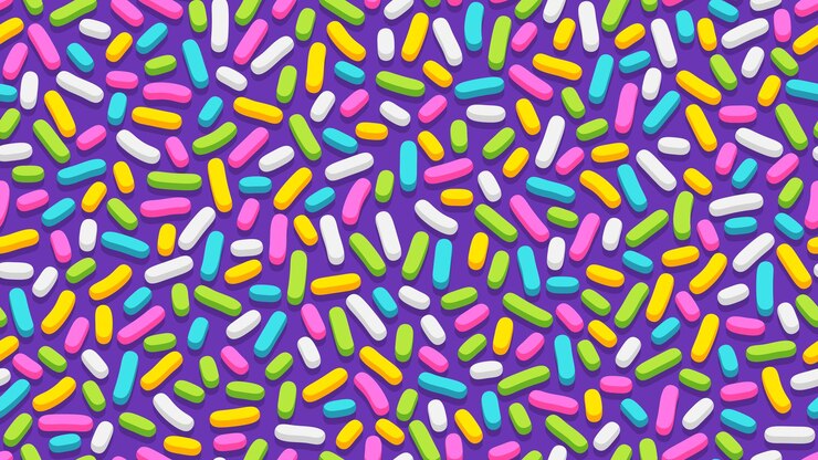 Photo seamless pattern of purple donut glaze with many colorful decorative sprinkles in flat style